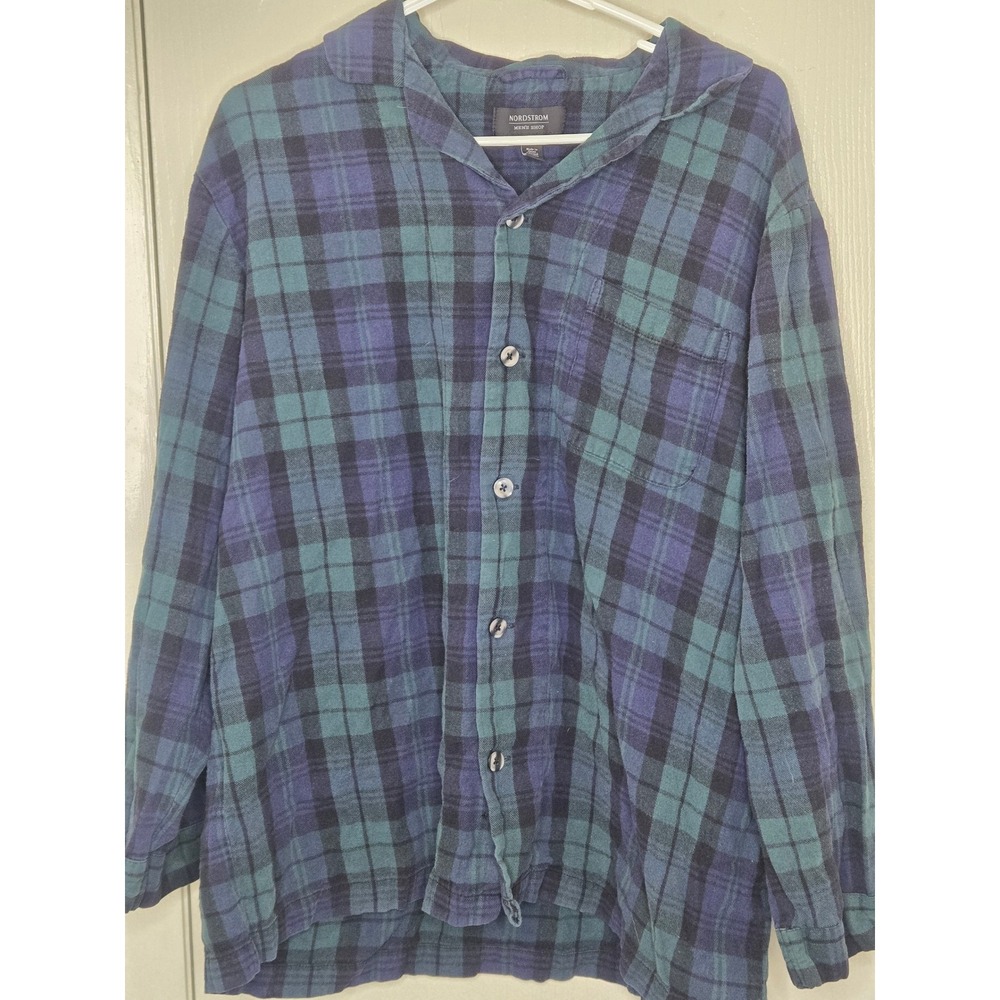 Nordstrom Mens Shop Blue Green Plaid Flannel Pajama Shirt Sleep Top Large